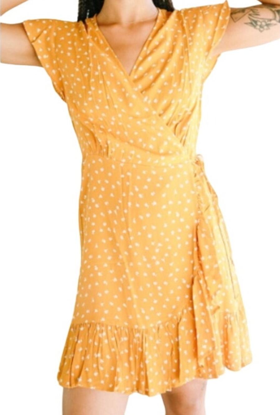 Rails Koreen Wrap Mini Dress Polka Dots Ruffle Flutter Sleeve V Neck Marigold S
